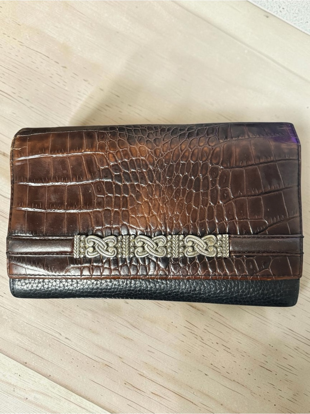 Brighton Leather Organizer Wallet Croc Embossed Brown Trifold Clutch Purse